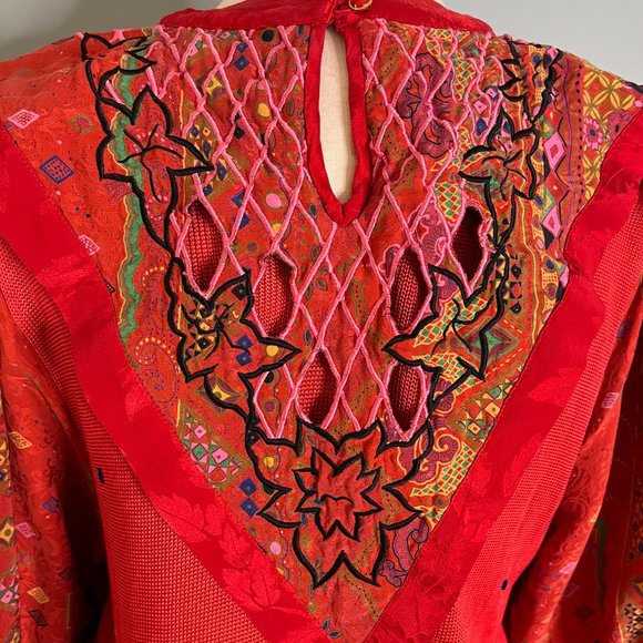 Vintage Diane Freis Long Sleeve Mixed Media Blouse Statement Collar Silk Red - Picture 8 of 12